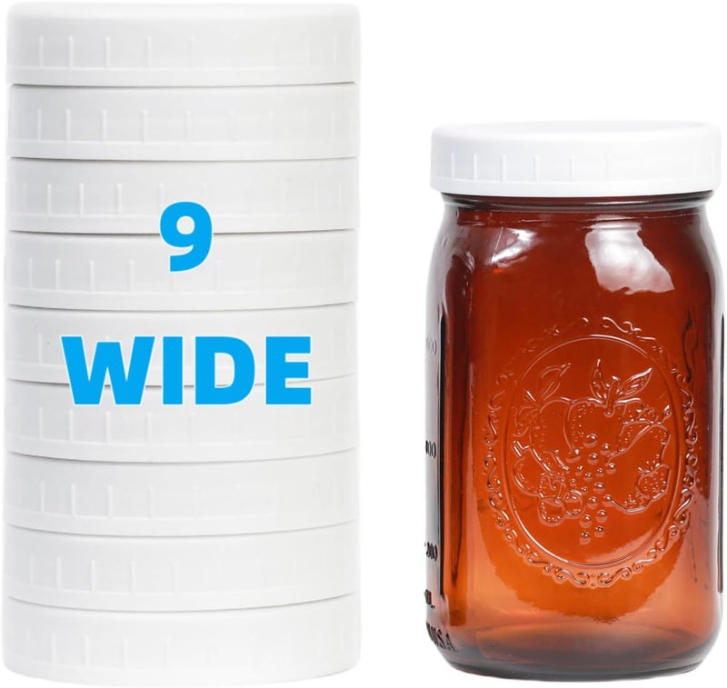 Bedgeta 9 Pack Upgraded White Wide Mouth Mason Jar Lids with Silicone Rings, for Ball, Kerr and More,86mm White Plastic Storage Caps for Mason/Canning Jars - Leak-Proof, Dishwasher Safe & Food Grade - Image 1